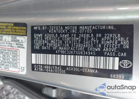 2005 Toyota Camry Le из США, поврежденный, VIN 4T1BE32K75U634945